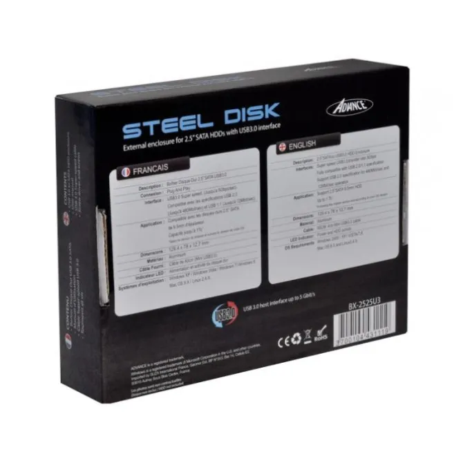 Boitier Disque dur 2,5" USB 3.0 ADVANCE Aluminium Noir Brossé – Plug & Play