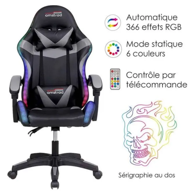 Chaise gaming AMSTRAD 900 LED Skull Noir